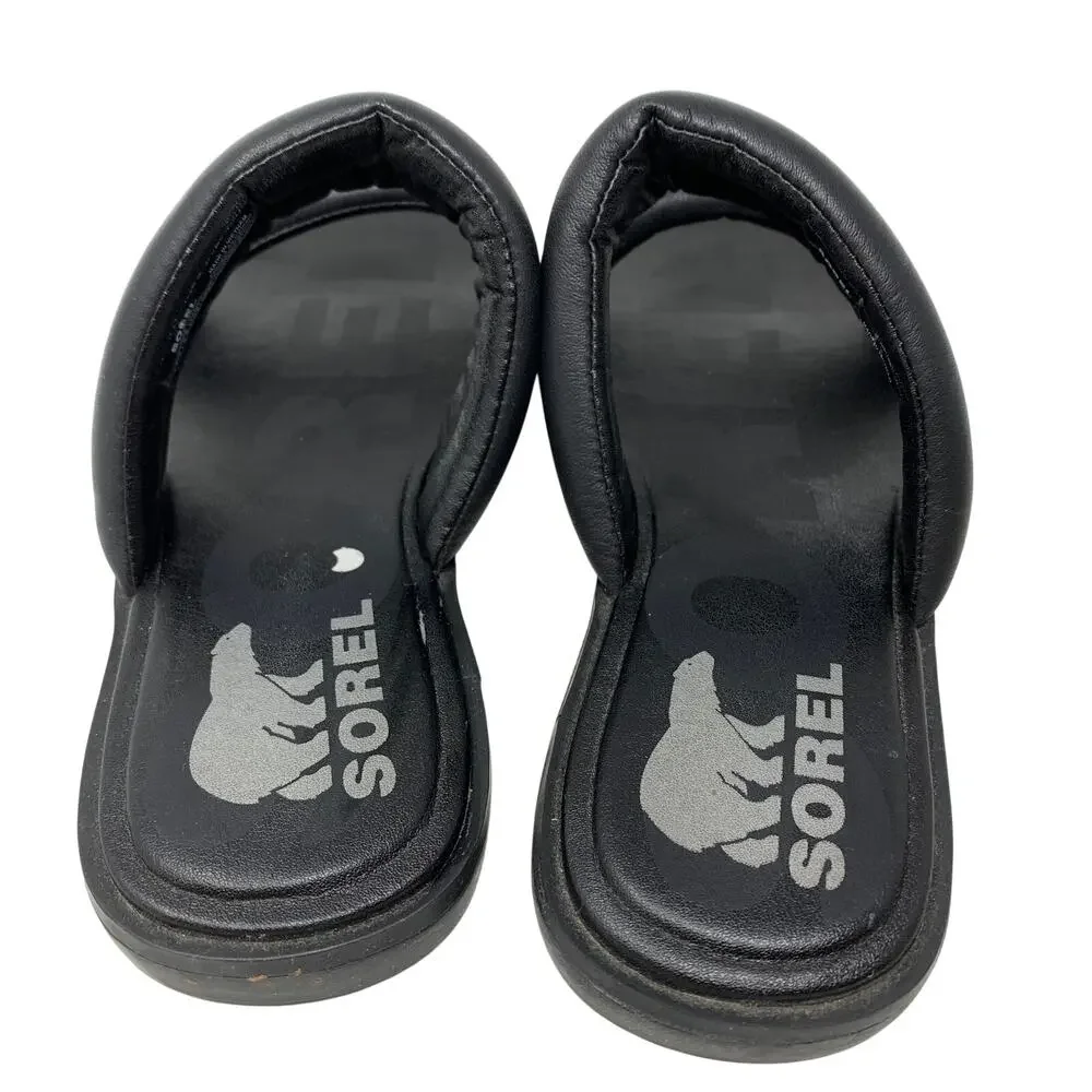 Sorel Ella II Puff Slide Sandal Womens Size 7.5 Black Leather Flat Slip On